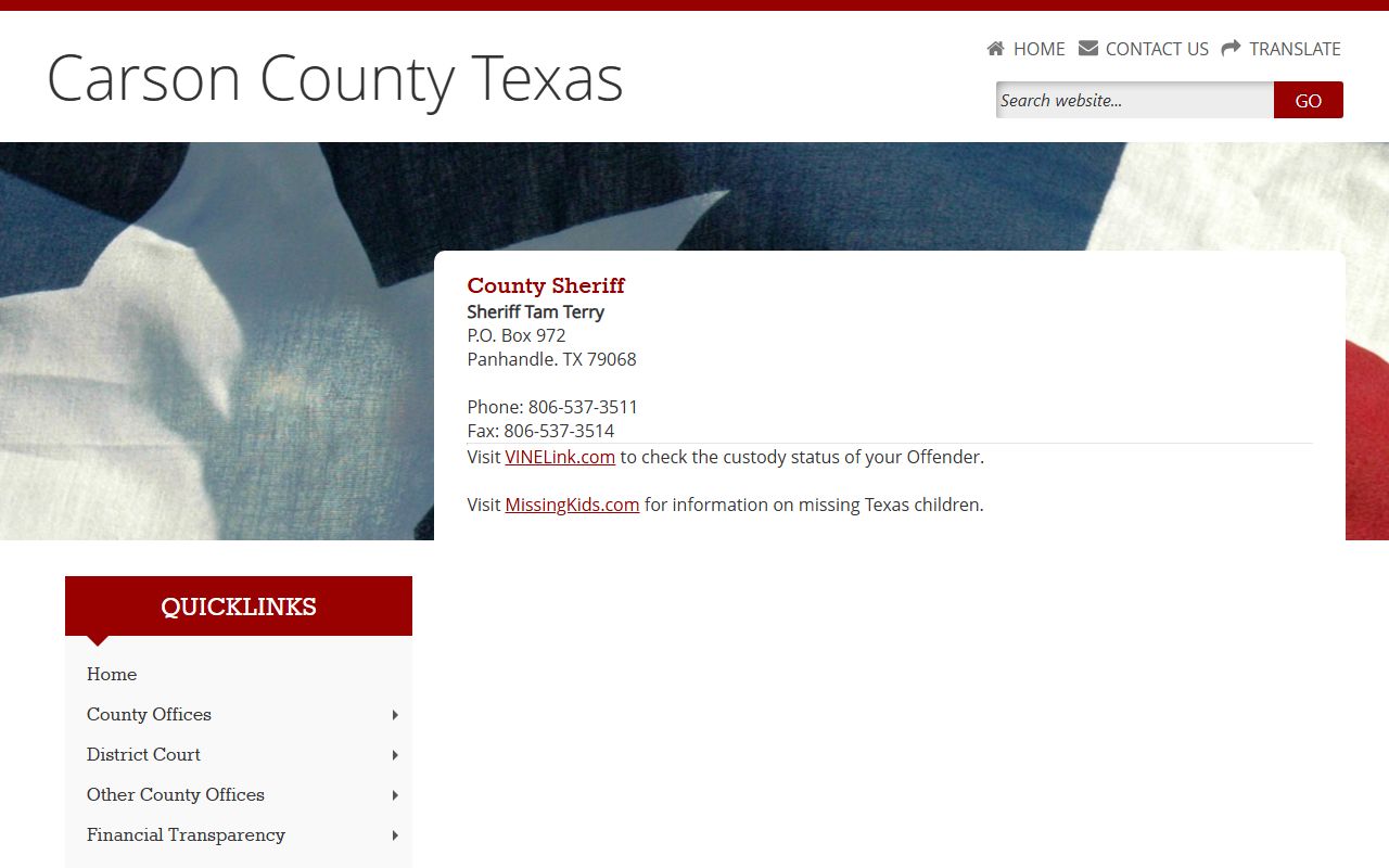 Carson County inmate search sheriff VINELink custody status page