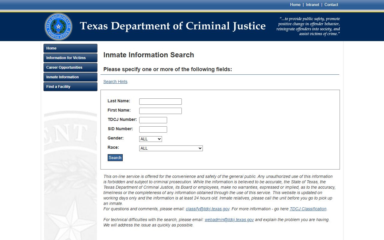 Carson County sentenced inmate records TDCJ search fields